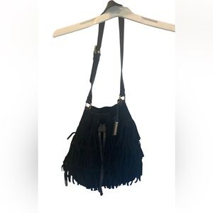 VINCE CAMUTO black leather fringe bucket purse